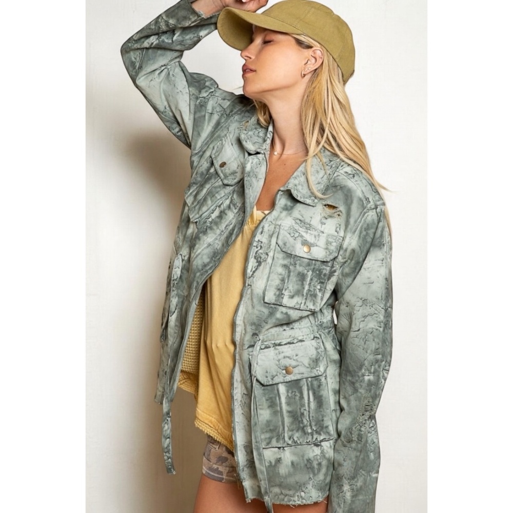 POL Marbled Sage Tie Waist Denim Cargo Jacket - Picture 3 of 6